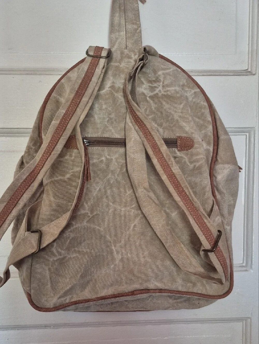 Boho Printed Canvas Backpack with Floral Tooled Leather Pocket - Multicolor